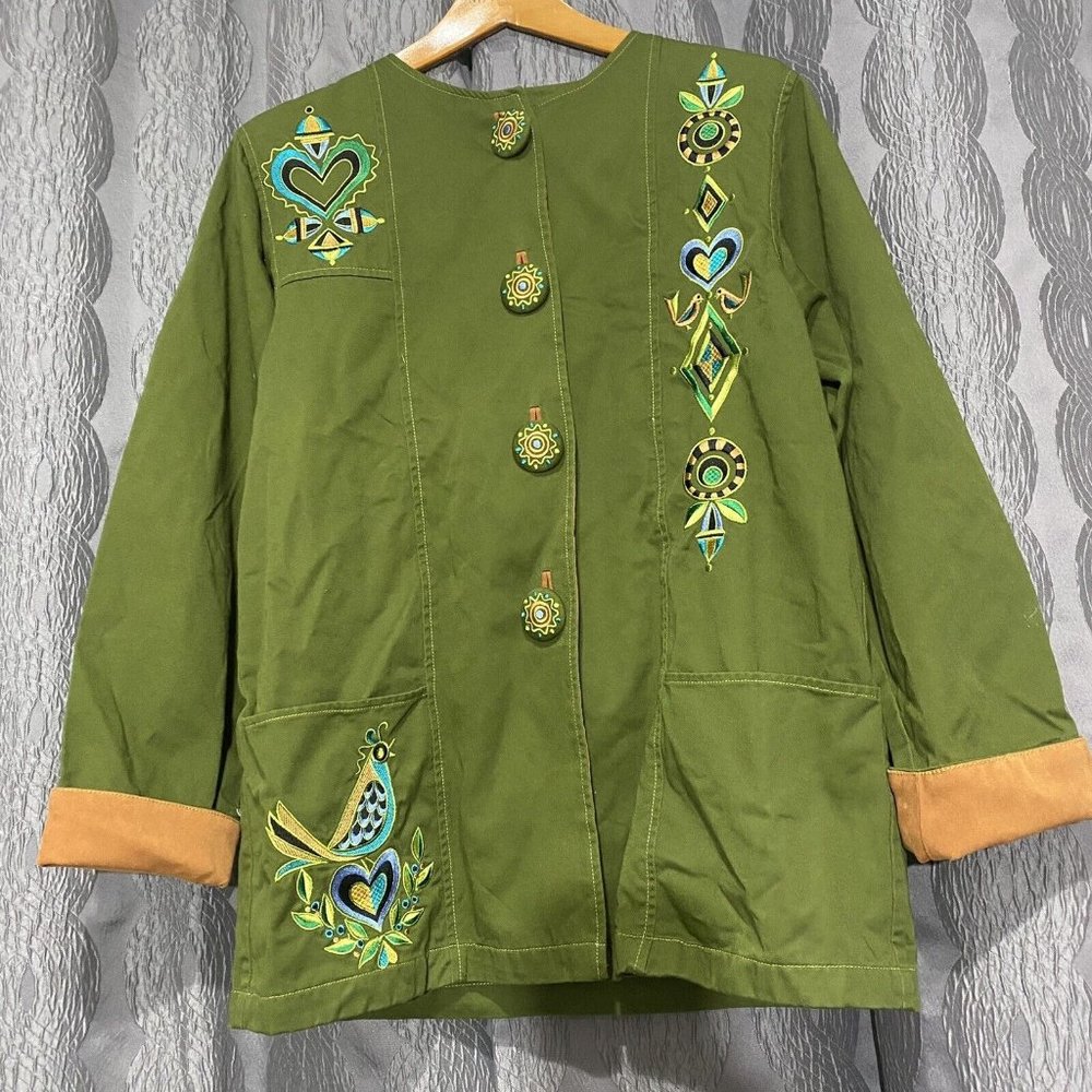 Bob Mackie Wearable Art Women's Olive Green Embroidered Jacket Size Small